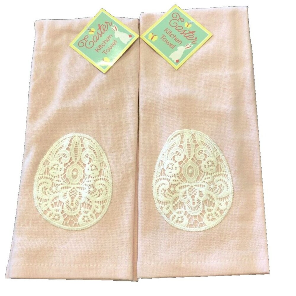 Easter Egg Lace Spring Kitchen Dish Towels Pink 100% Cotton Holiday Set of 2